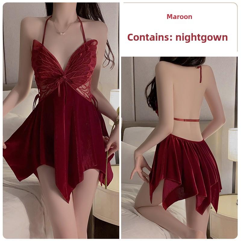 Sexy Backless Velvet Plus Chest Pad Pure Desire Suspender Nightdress Robe Loungewear Set