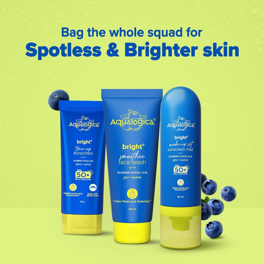 Aqualogica Bright+ Набір для макіяжу Сонячний спрей SPF 50+ PA++++ Ультратонкий Швидковисихаючий Спрей для фіксації макіяжу 80 мл