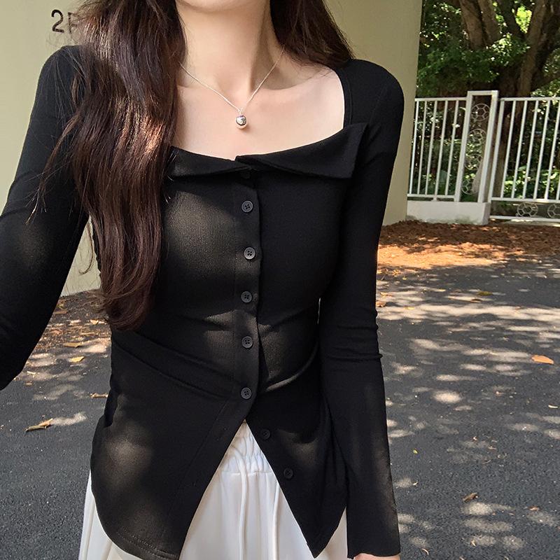 Pure lust style square neck pleated open button long-sleeved T-shirt for women in early autumn thin hot girl irregular slim fit top