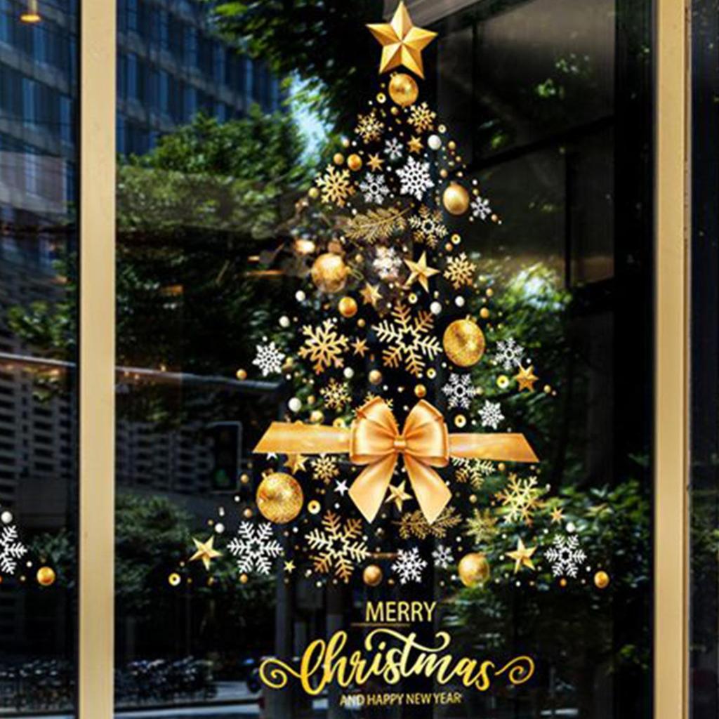 Christmas Window Stickers Large Static DIY Film Removable Golden Christmas Tree Window Decal for Wall Door Mirror Home Workplace