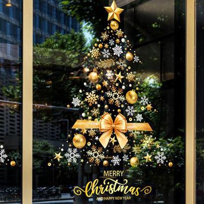 Christmas Window Stickers Large Static DIY Film Removable Golden Christmas Tree Window Decal for Wall Door Mirror Home Workplace