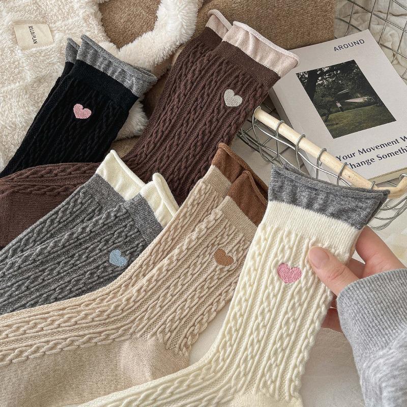 Thick Wool Socks - Suitable for Autumn and Winter. Flared Cuffs. Color Contrast. Mid-calf Length. Embroidered Hearts. Twisted Yarn Pile Socks.