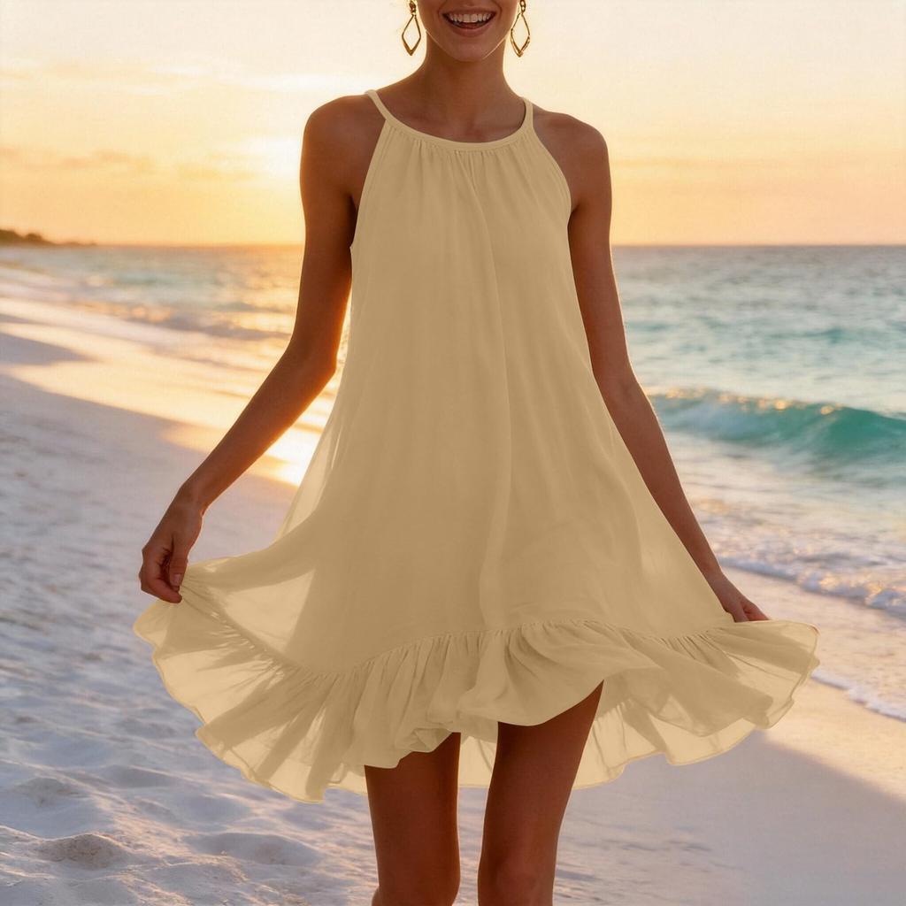 Mini Abito Senza Maniche con Orlo Arricciato Vestibilità Larga per Donna Casual Scollo Leggero Svolazzante Abito Estivo