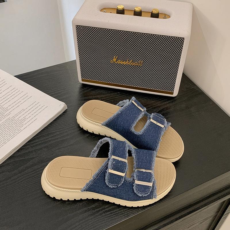 

Large size flat-bottomed slippers women wear new belt buckle denim sandals women s one-word slippers 43 синій