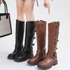 Mode Mode Metallgürtelschnalle Blockabsatz Stiefel Damen Neu Retro Runde Zehenpartie Plateau Ohne Knie Oberschenkel Western Hohe Stiefel