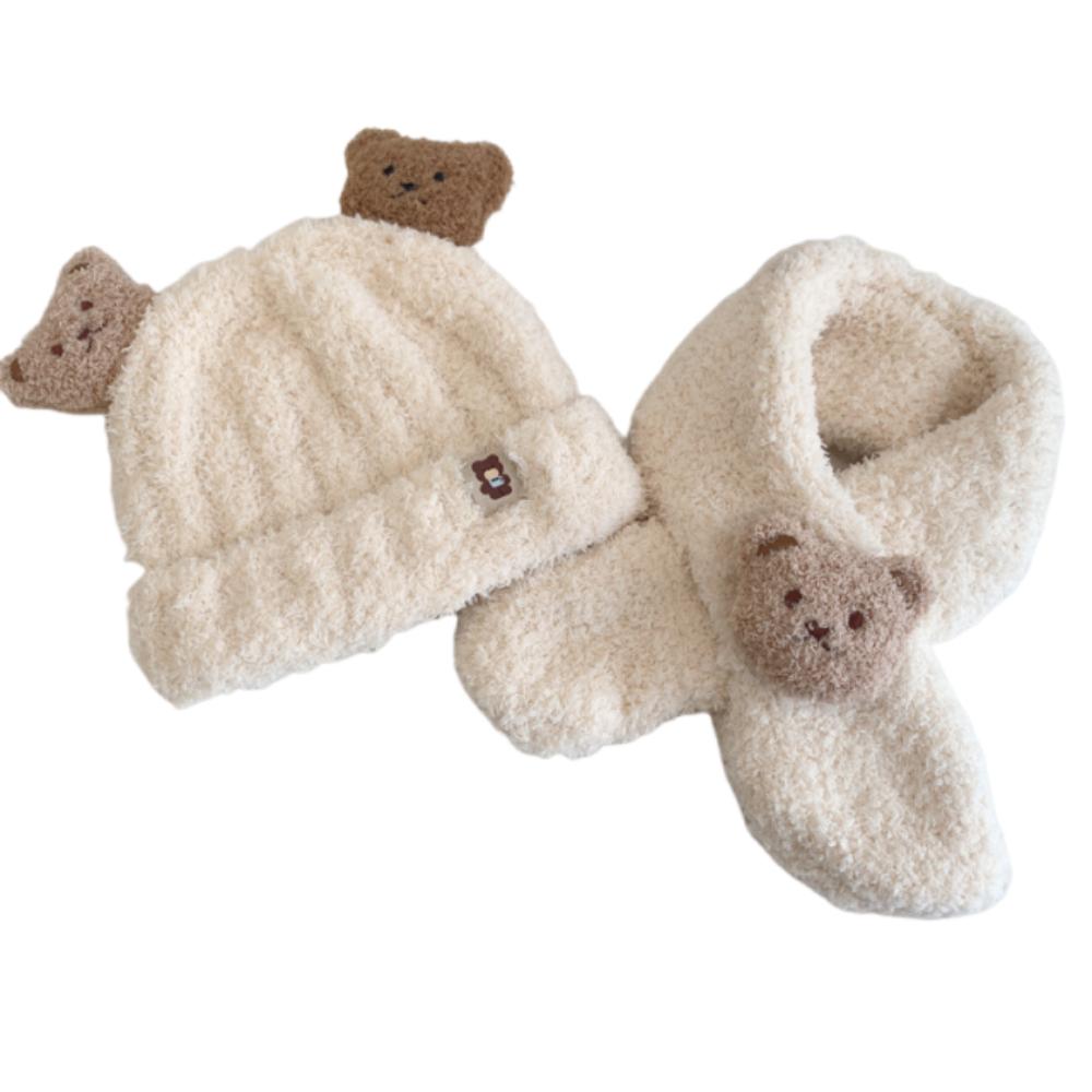 Korean Style Bear Scarf Hat Set Cute Kids Crochet Hat Children's Ear Protection Hat  Outdoor