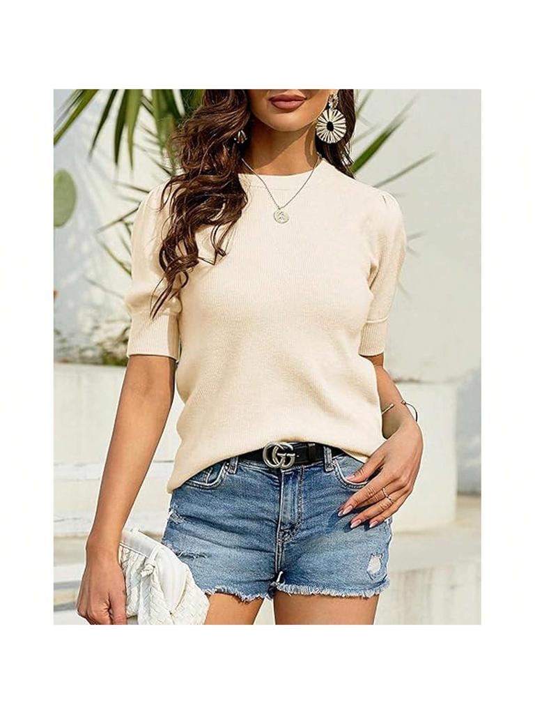 Women's Puff Short Sleeve Knit Sweater Crew Neck Lightweight Pullover Blouse Top