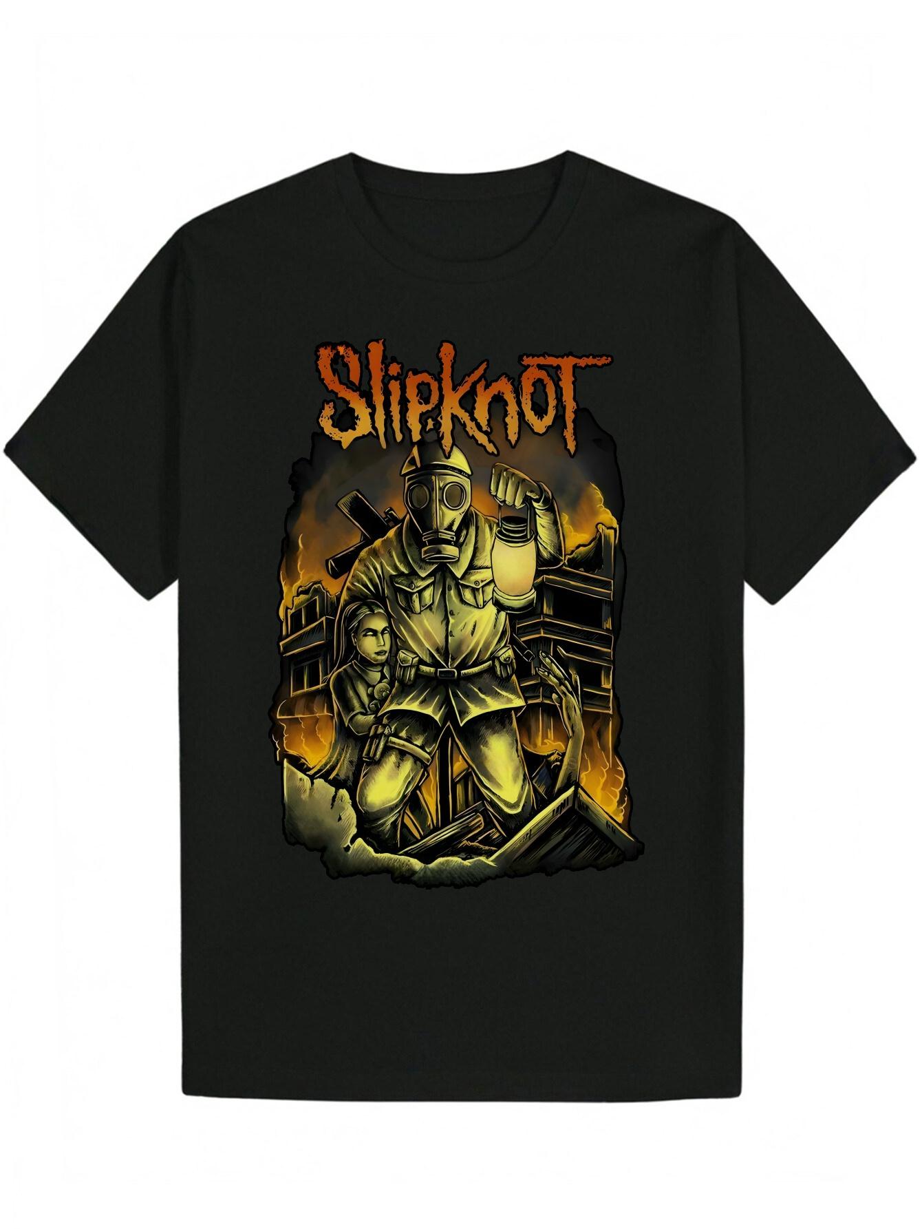 Slipknot Graphic T-shirt - Black Polyester Crew Neck Tee with Bold Orange & Yellow Design XXXXL