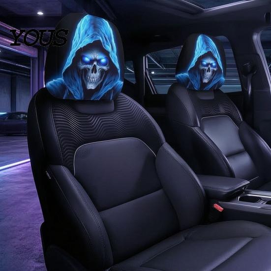 Easy to Install Vehicle Headrest Protectors 2PCS Car Cover with Scary Face Printing, Breathable Stretch Knitted Knit Fabric Dust Cover, Halloween
