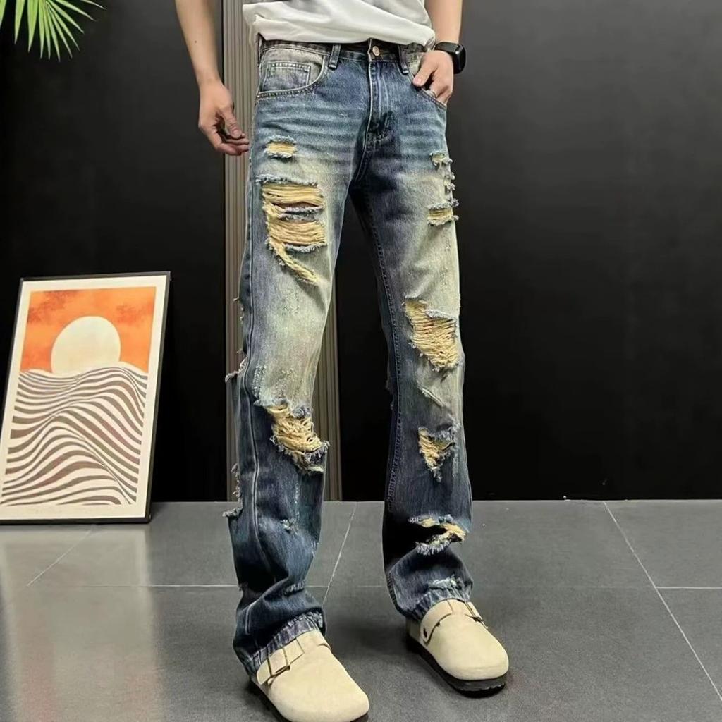 Summer New Trendy Brand High Waist Thin Ripped Jeans Men's Trend Loose Straight Beggar Pants Ruffian Handsome