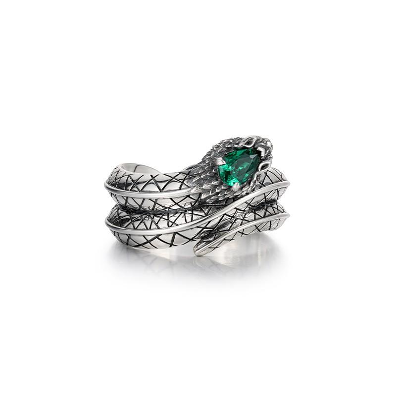 Adjustable Open Snake Ring Men Women Vintage Green Zircon Geometric Animal Jewelry Retro Style