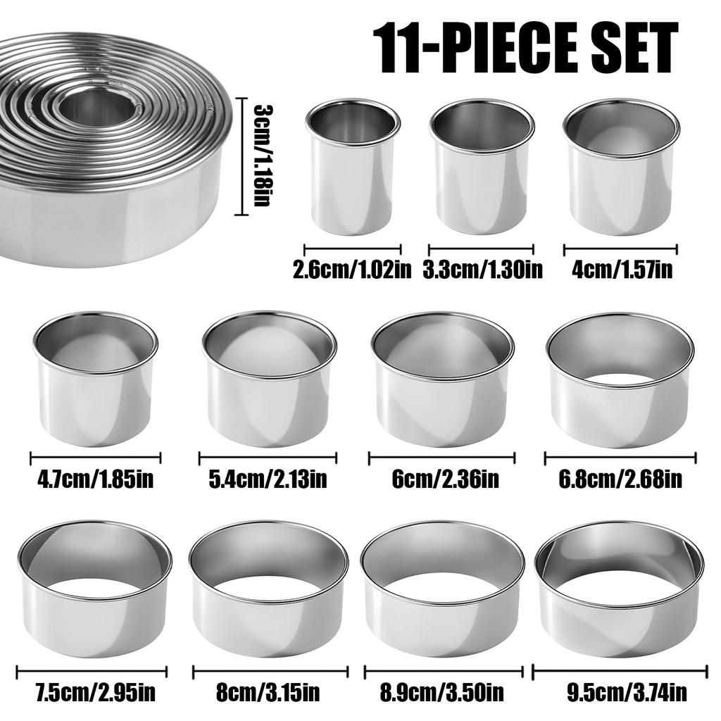 11pcs/Set Stainless Steel Round Cutter Cookie Moulds Biscuit Cutter Circle DIY Mousse Cake Dessert Patisserie Decorating Tool 1