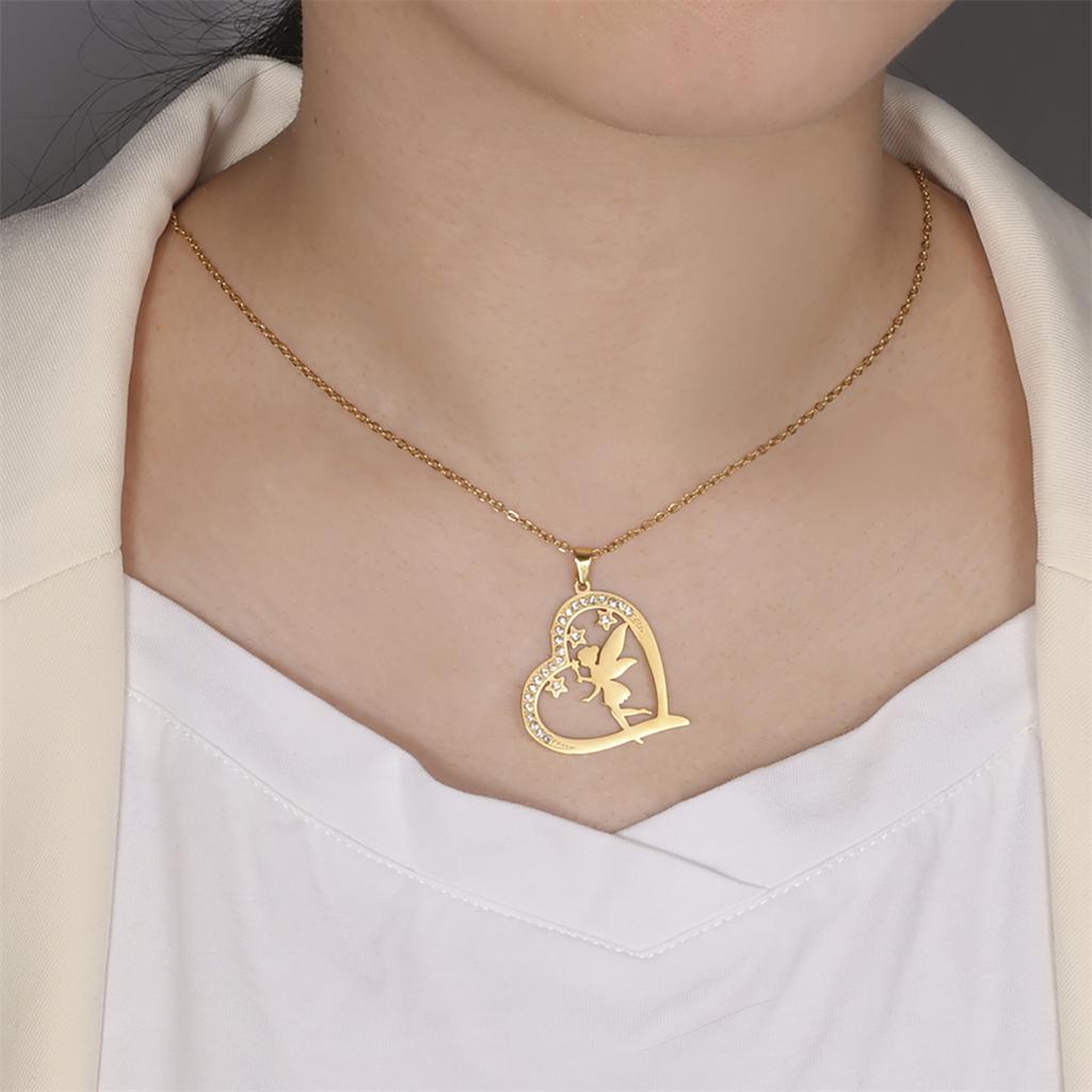 Heart Shaped Elves Fairy Pendant Necklace Stainless Steel Flower Angel Pixie Necklaces Rhinestones Birthday Jewelry Gift