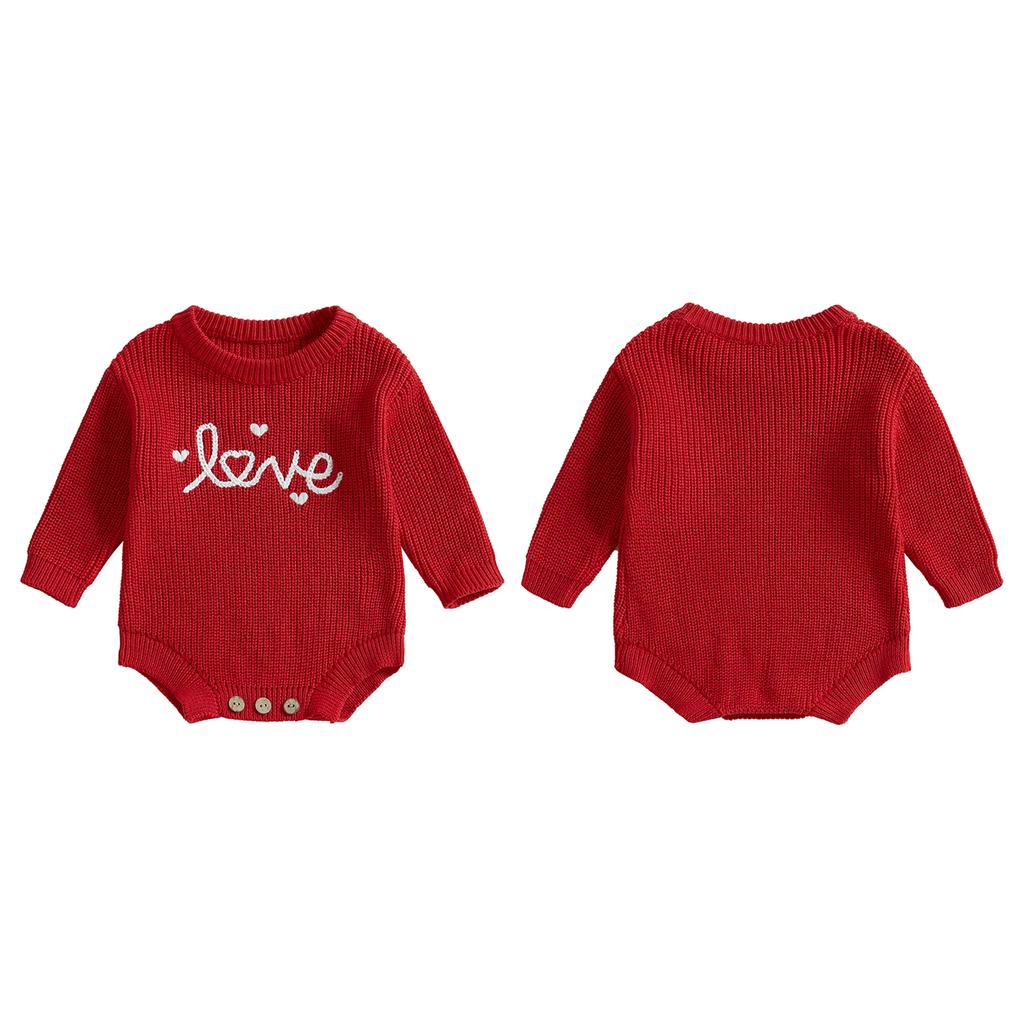Baby Girl Valentine 's Day Romper Long Sleeve Round Neck Letter Embroidery Knit Bodysuit Newborn Outfit