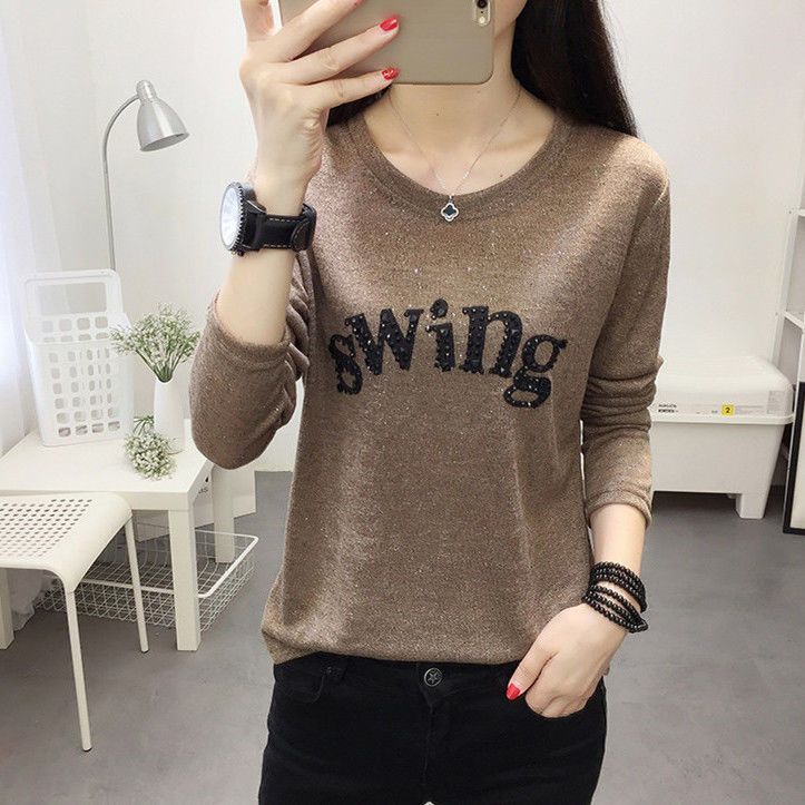 

Женская футболка с v-образным вырезом и длинными рукавами, свободный яркий шелковый полый топ больших размеров для женщин, тонкий весенне-осенний M хаки