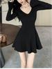 Women's Khaki V-neck Knit Dress - Long Sleeve, Slimming Waist, Bodycon A-line Short Skirt for Autumn/Winter