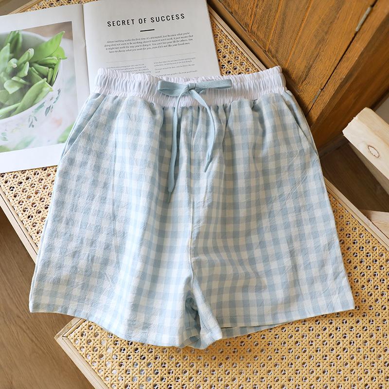 2026 Neue Damen Sommer-Schlafanzüge 100% Baumwoll-Musselin Karomuster Spitze Spleißshorts Dünn, Einfach und Niedlich Hausanzughose