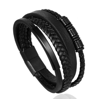 Stainless Steel Leather Bracelet, Men's Multi-layer Woven Leather Rope Bracelet