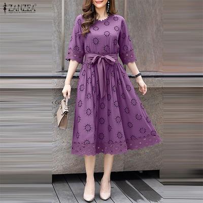 Women Casual Round Neck 3/4 Sleeve Loose Patchwork Lace Dress