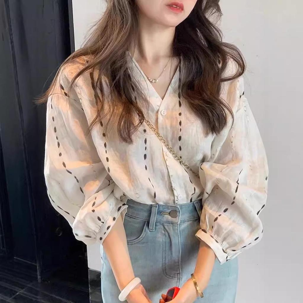 Women's Cotton Linen V-Neck Long Sleeve Blouse - Spring/Autumn Loose Casual Style