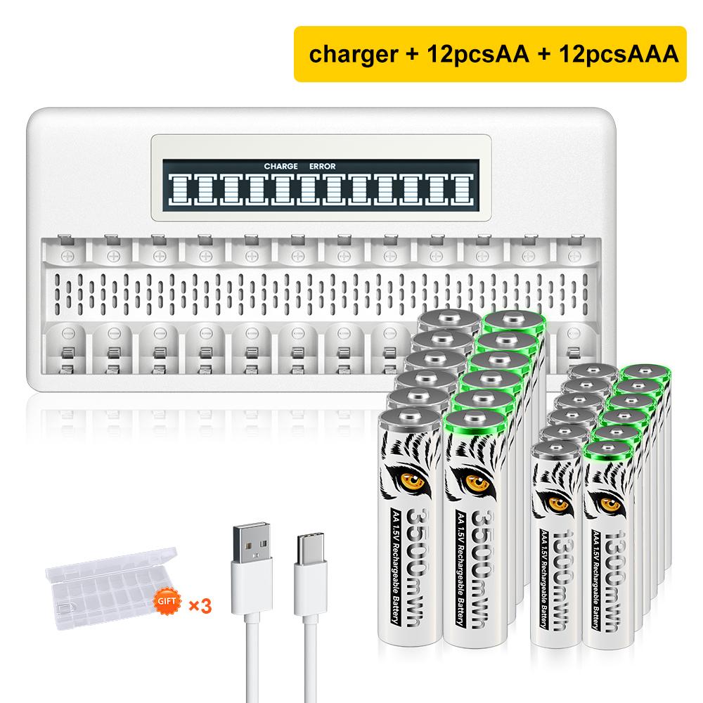 PALO 4-40 ks dobíjecích AA+AAA 1,5V Li-ion baterií 3500+1300 mWh HR6 HR03 baterie s 12 sloty LCD USB 1,5V Li-ion nabíječka baterií