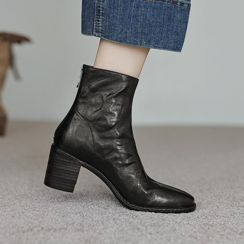 Krazing Pot Îmbrăcăminte de bază Piele de oaie Toamnă Iarnă Pantofi Tocuri groase Cizme Chelsea Vârf rotund Păstrează cald Botine cu fermoar