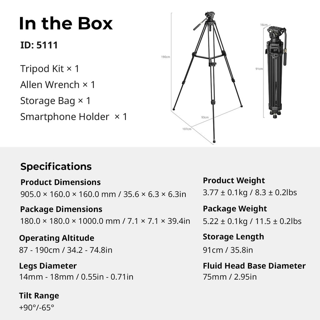 SmallRig Carbon Fiber Professional Video Tripod with Height Maximum Height of Fluid QR Plate Payload SmallRig 5111 AD-80S Tripod, Free-Speed One-Step