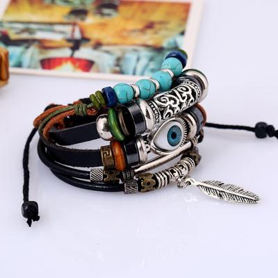Bracciale multistrato in pelle di vacchetta con occhi azzurri, braccialetto etnico con ciondolo per capelli, piuma del vento 5,5
