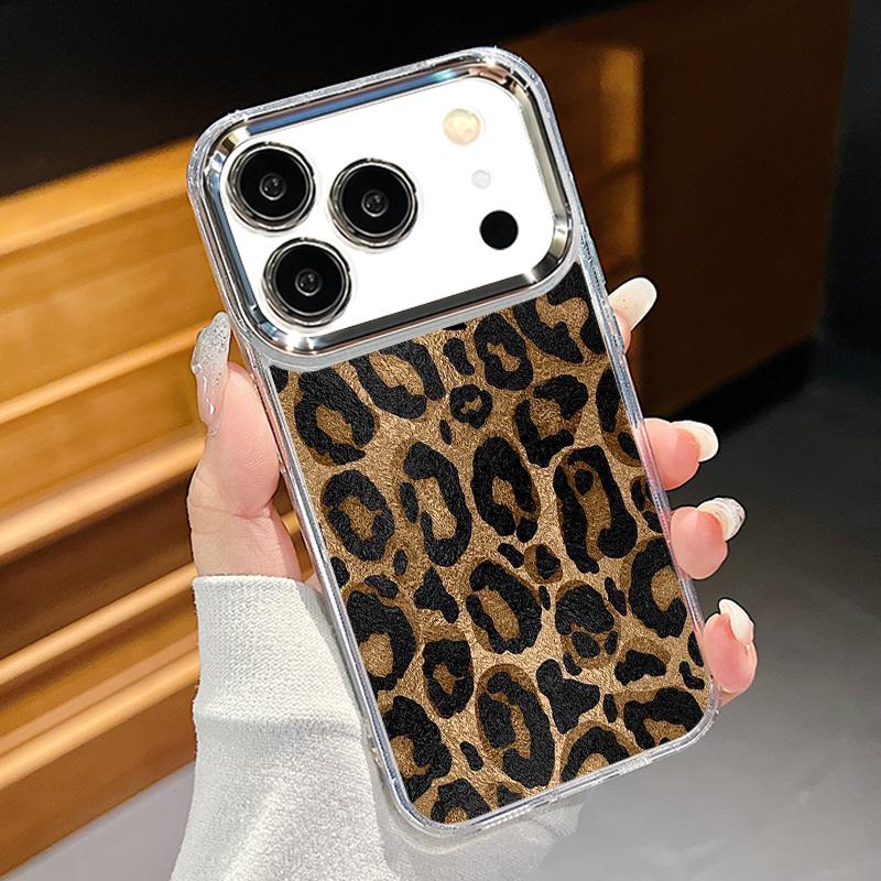 Leopard Print Phone Case For iPhone 17 Pro Max Plating Lens Frame Clear Soft Cover For iPhone 16 15 14 13 Pro Max 11 16E 17E