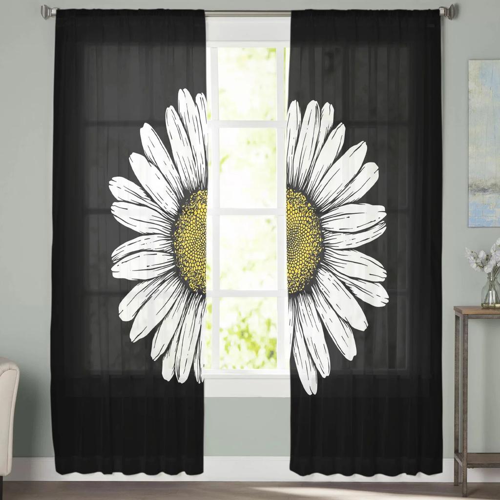 Daisy Black Background Tulle Curtain Home Office Window Decor Bedroom Kitchen Balcony Modern Sheer Curtain