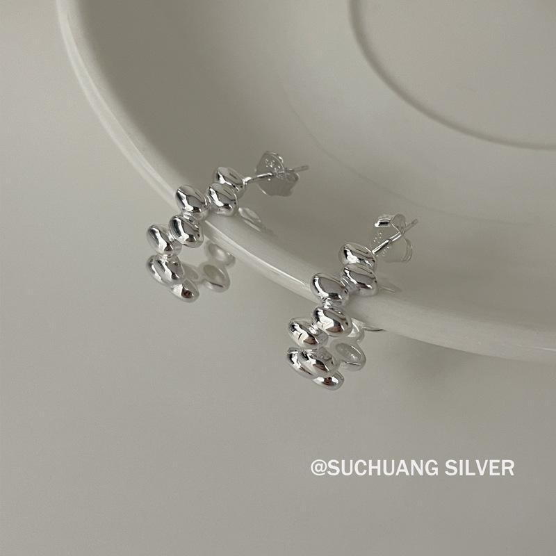SuChuang Oval Bead C-Shape Sterling Silver Earrings for Women - Elegant, Simple, Versatile Design