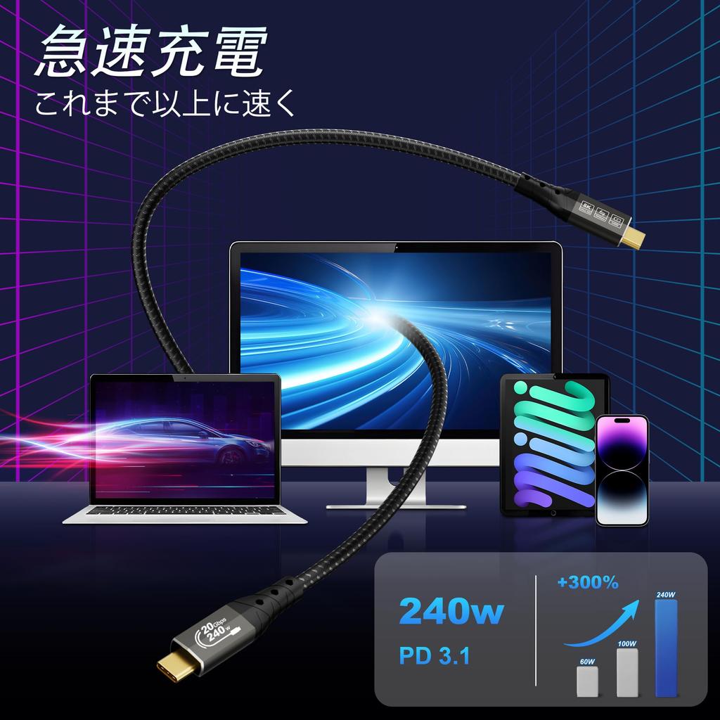 ZIKNYDO 5m zu Unterstützt Datenübertragungsgeschwindigkeiten bis zu 240W Video USB-Kabel MacBook iPad und Dell USB-C USB-C Kabel, 20Gbps, Laden, 8K@30Hz,