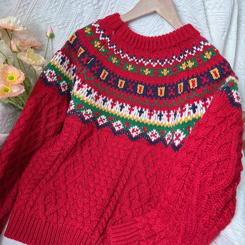 Maglione a trecce da donna Fair Isle Fiocco di neve Rosso Design Natalizio Senso di Design Nicchia Stile Pigro Stile Etnico Maglione a Maglia