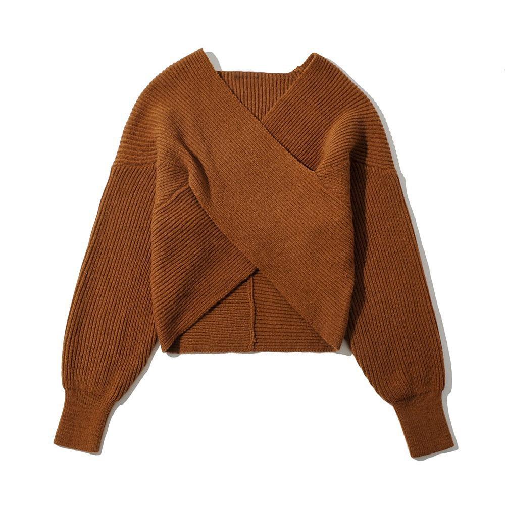 2026 Autumn Winter Solid Color V-Neck Cut-out Knit Sweater with Long Sleeves
