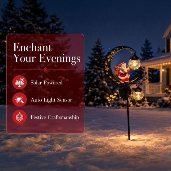 Holiday Path Stake Lights Santa Garden Light, Solar Powered Crescent Moon Lamp, Double Ornament Glass Globes, Christmas Waterproof Pathway