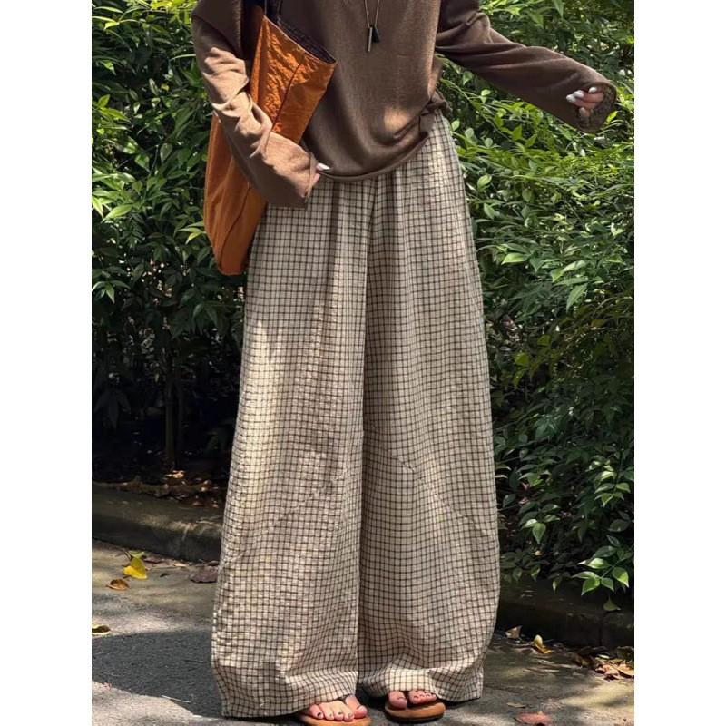 Retro Plaid Wide Leg Pants Women High Waist Loose Casual Trousers