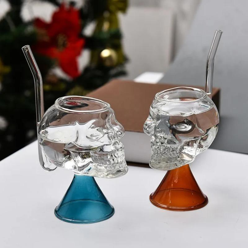 Halloween Creative Skull Glass Cup with Straw Bar Wine Cocktail Whiskey Glass Transparent Gift
