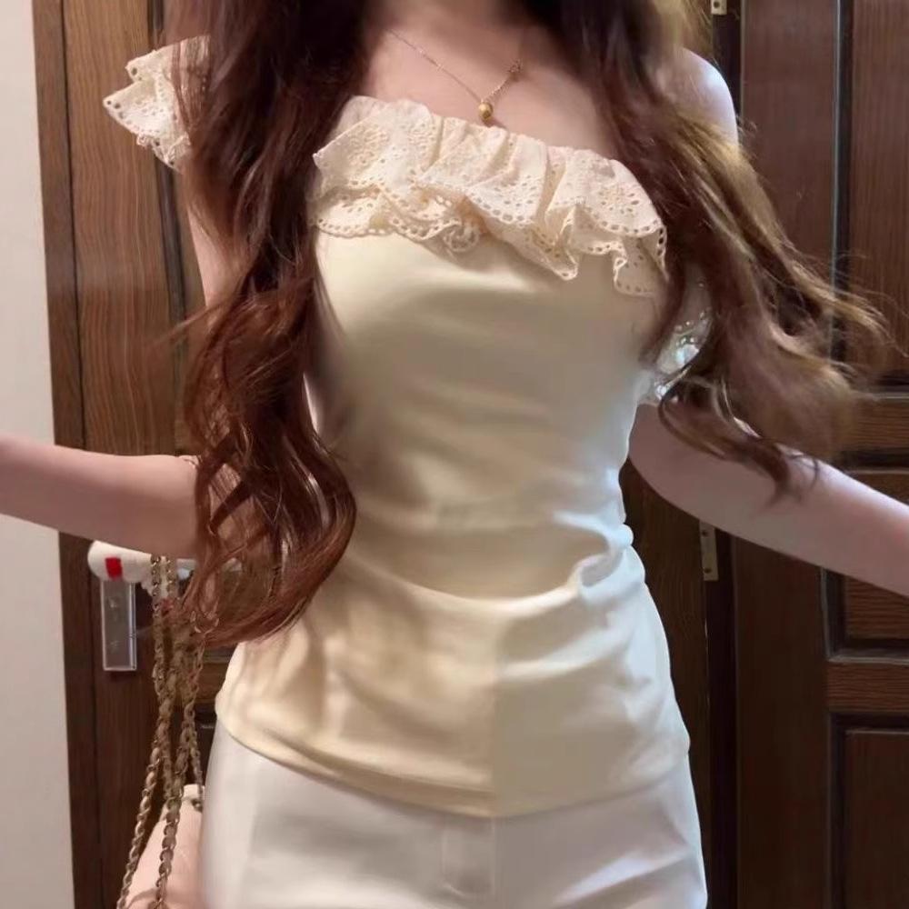 French Lace Ruffle Edge Slanted Shoulder Short Sleeve Women's Pure Desire Sexy Niche Off-the-shoulder Pleated Slim-fit Student Top