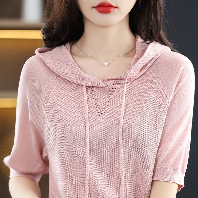 Summer versatile hooded short-sleeved shirt women's ice silk knitted sweater pullover bottoming shirt thin loose foreign style top women