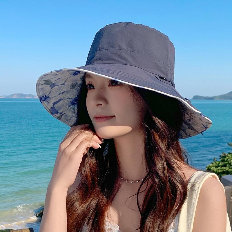 Korean Summer Large Brim Printed Double-Sided Fisherman Hat Women's Sun Hat Fashionable Outdoor Protection Cap