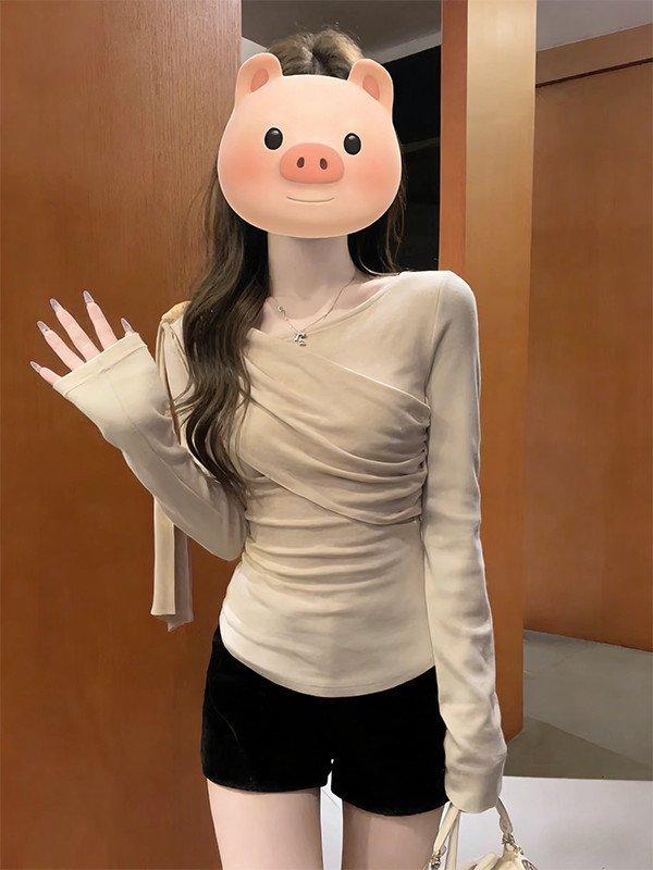 Korean simple style asymmetrical streamer long-sleeved T-shirt women s spring design sense slim fold thin temperament top S