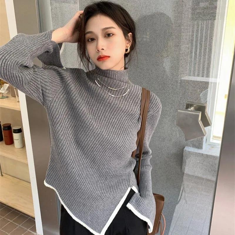 Jesień Zima Wysoki Kołnierz Bazowy Sweter Golf Boczne Rozcięcie Sweter Damski Styl Top Samodoskonalenie Sweter Rękaw Wąski Seksowny Krótki Sweter