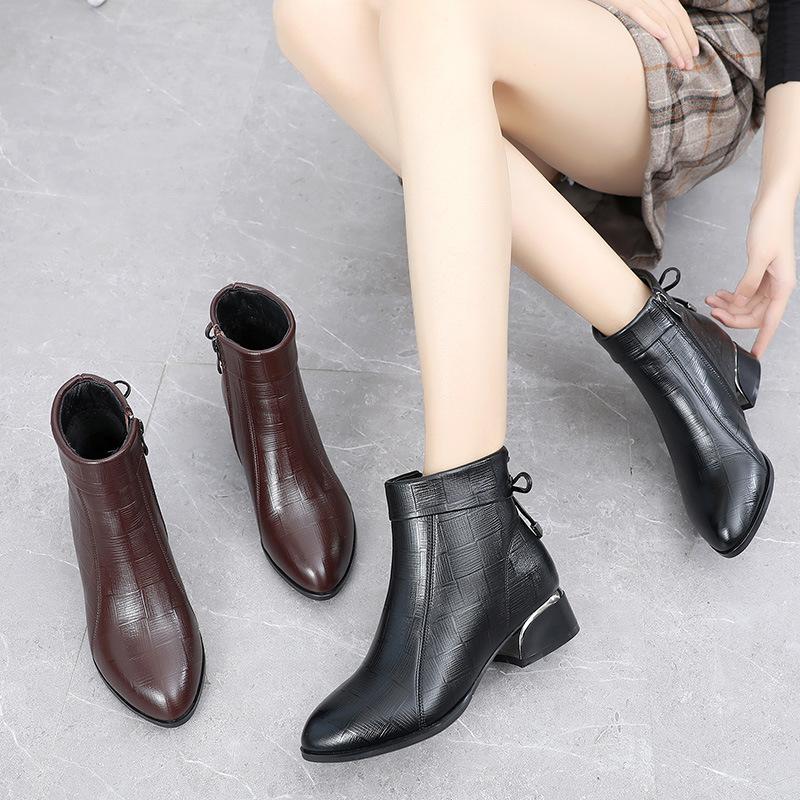 Fashion GKTINOO New Ankle Boots Women Pointed Toe Thick Heels Genuine Leather Shoes Short Boots Soft Sole Footwear Plus Size 35-43