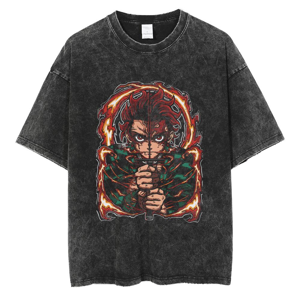 Japanese Anime Demon Slayer Graphic T-shirt Washed Cotton T-shirt, Anime Demon Killer Daily Street Outfit