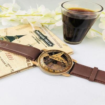 Messing Marine Sonnenuhr Lederband geprägt Handgelenk Kompass für Navigation Armbanduhr