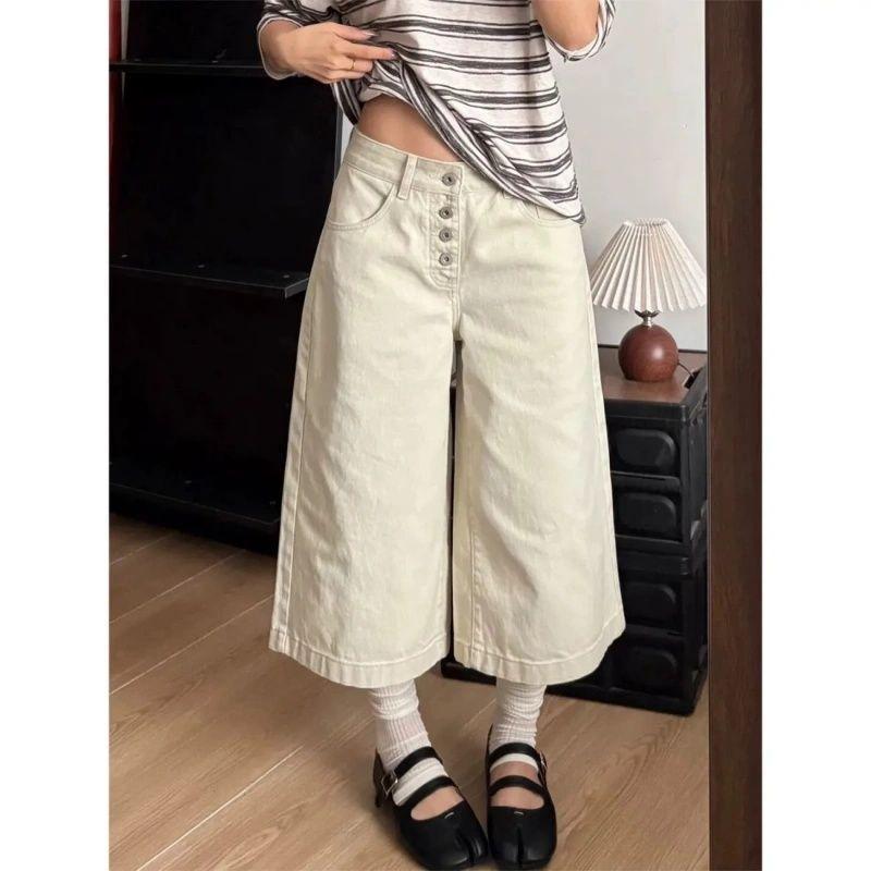 Breasted Seven-point Jeans Women s Summer Versatile Pants American Retro Spice Girl Tooling Seven-point Pants Vintage Casual Denim Pants S бежевый