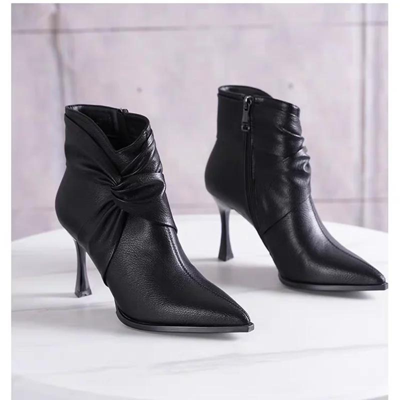 Fashion High Heel Ankle Boots Women's Autumn and Winter New Pointed Toe Brown Boots Zipper Leather Sexy Pleated Designer Boots Mujer