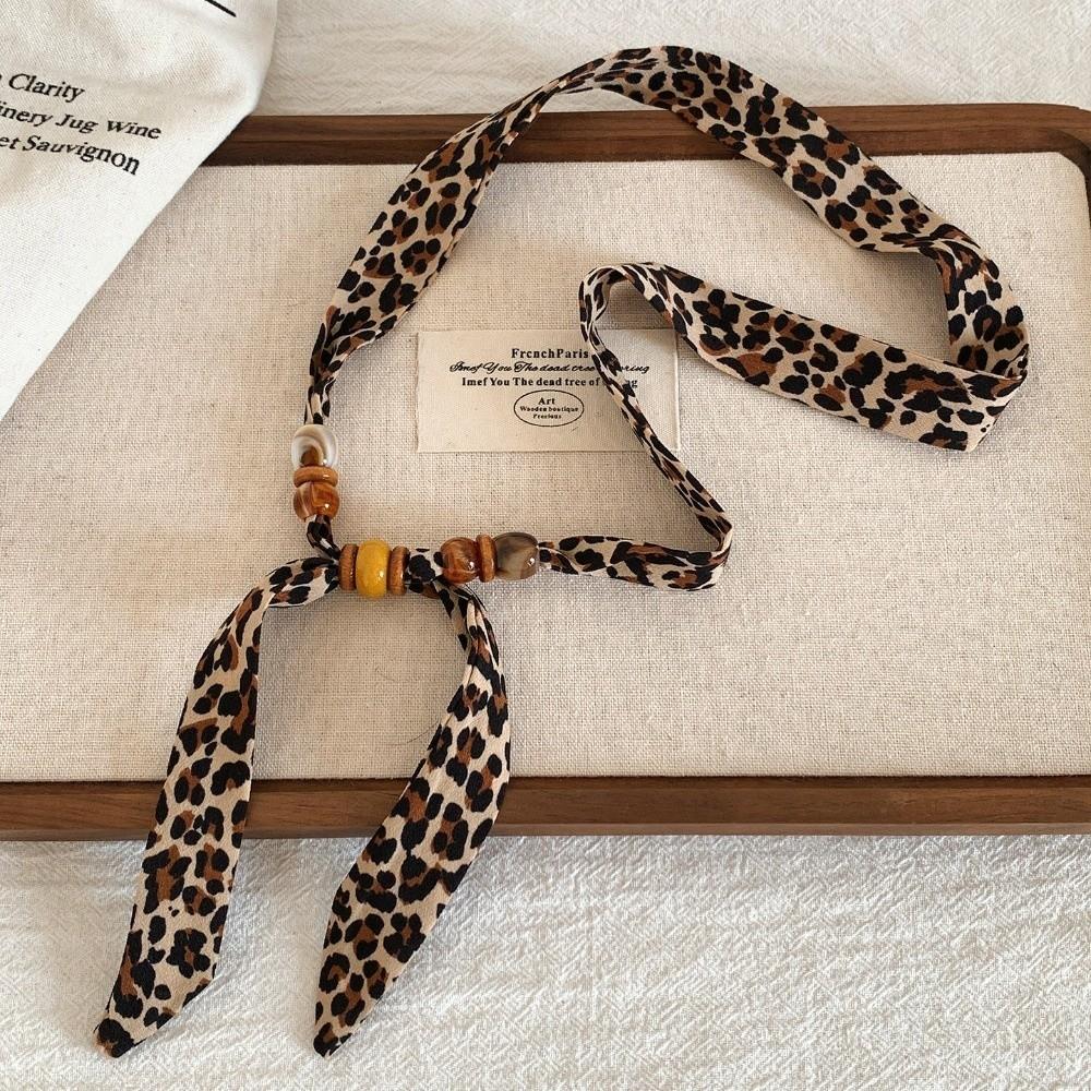 Print Pattern Beaded Scarf Leopard Print Sweater Chain Elegant Scarf Necklace  Women