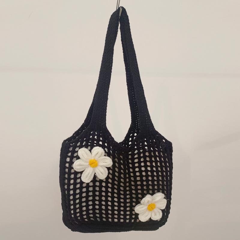 

Yogodlns Fashion Summer Beach Floral Decor Women Shoulder Bag Female Hollow Handwoven Knitted Soft Handbag Large Casual Tote Bag 36x2x32cm чорний