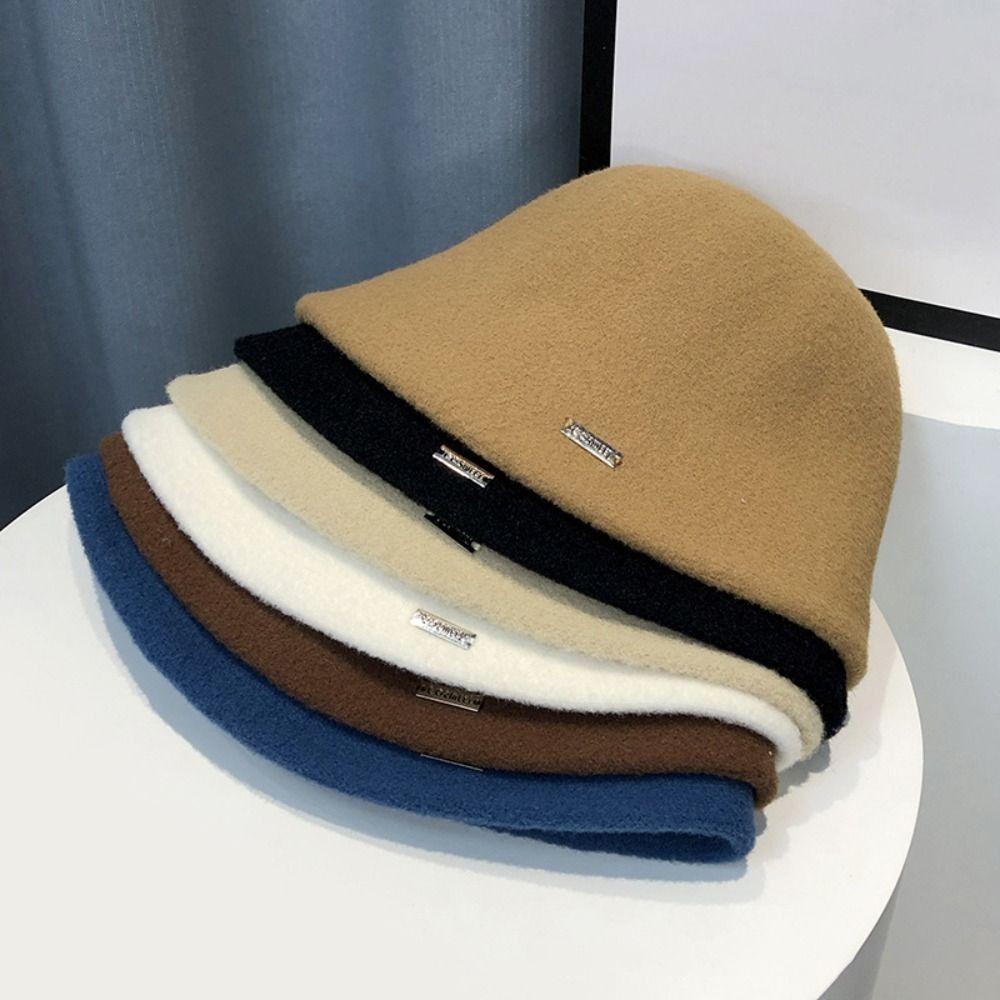 Solid Color Woolen Basin Hat Plush Bucket Hat Retro Fisherman Hat  Women